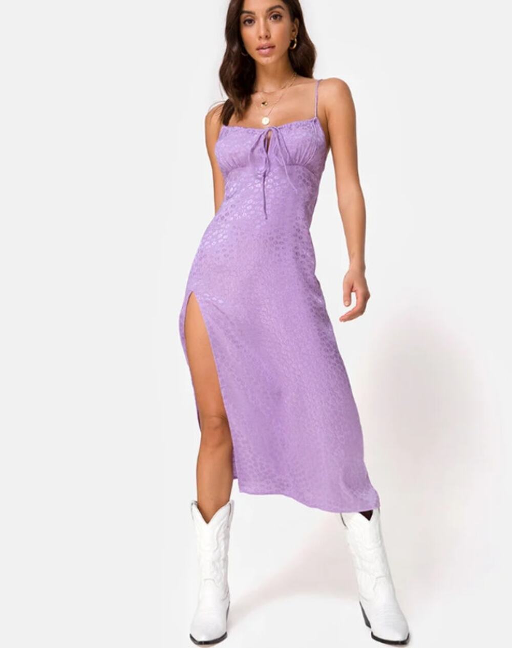 MOTEL Cypress Midi Dress Satin Ditsy Rose Spaghetti Strap Slip Dress, Purple